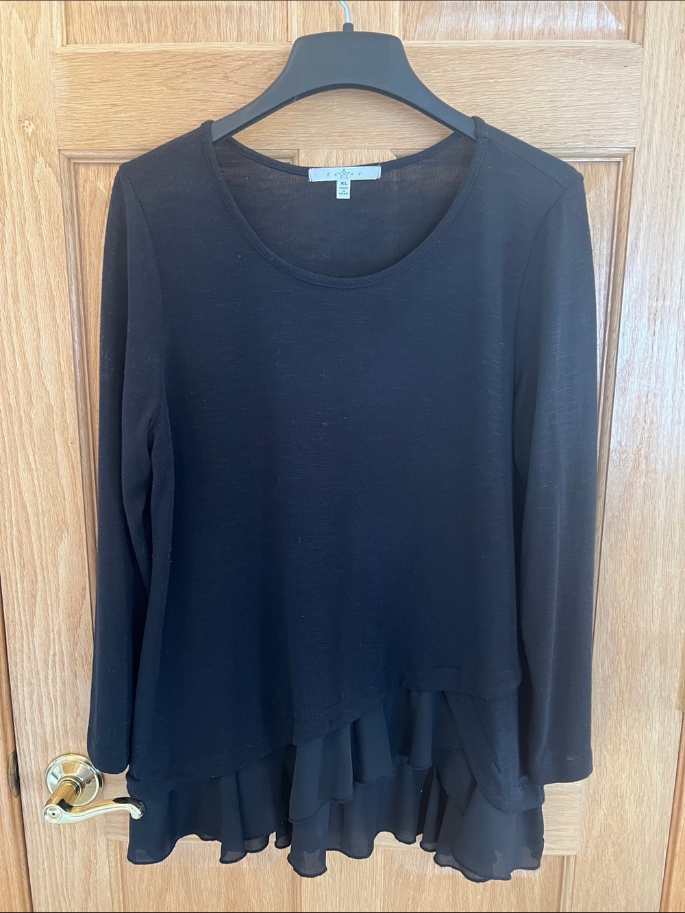 Fever - Black Long-Sleeve Layered Chiffon Hem Tunic XL